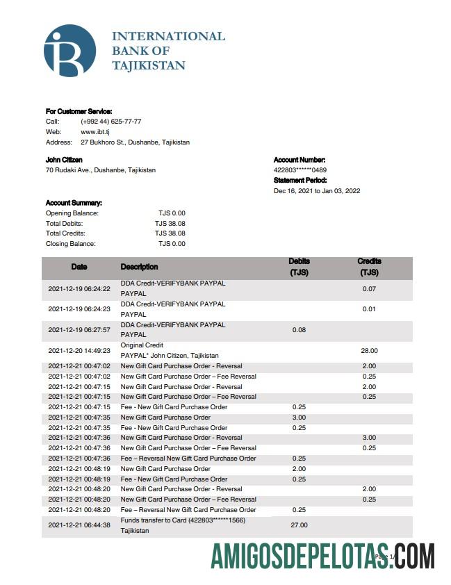 Tajikistan ITB extrato bancário amostra
