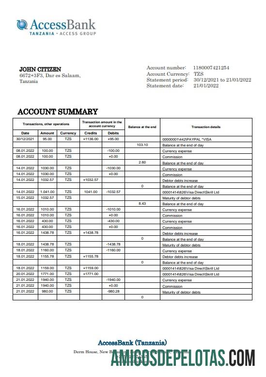 Modelo de extrato bancário de acesso da Tanzânia para impressão em formato Word e PDF