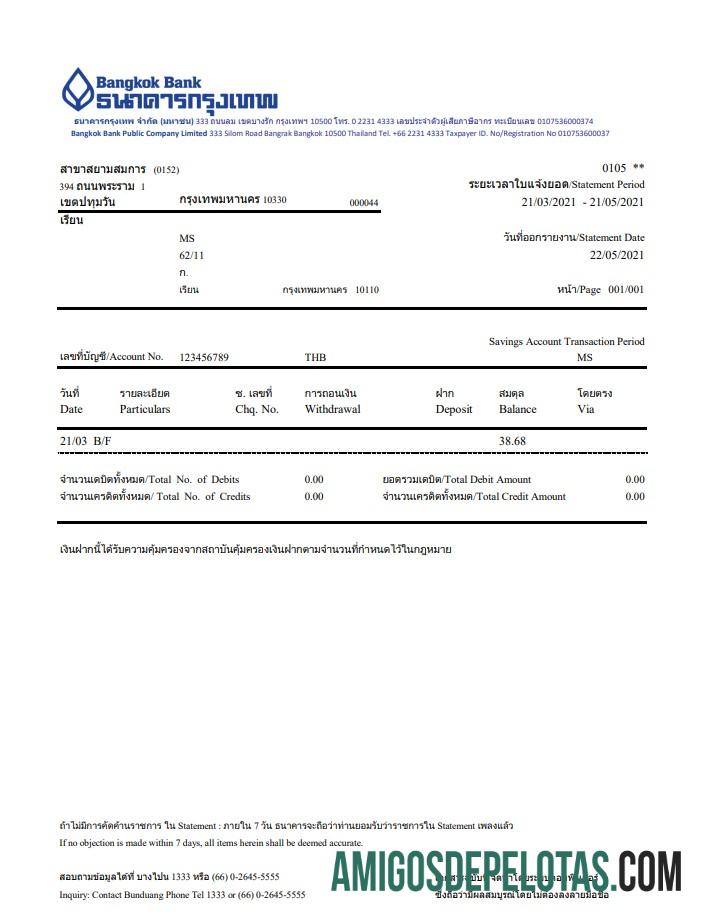 Modelo de extrato de transação bancária on-line do Tailândia Bangkok Bank para download em formato Word e PDF