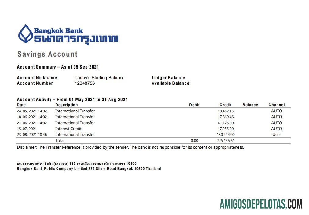 Extrato bancário da Tailândia Bangkok para download, modelo fácil de preencher em formato Excel e PDF