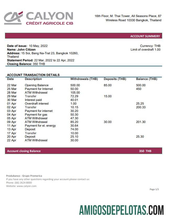Exemplo de extrato bancário Calyon da Tailândia