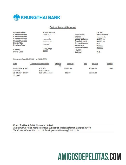 Modelo realista de extrato bancário da Tailândia Krungthai em Word e PDF