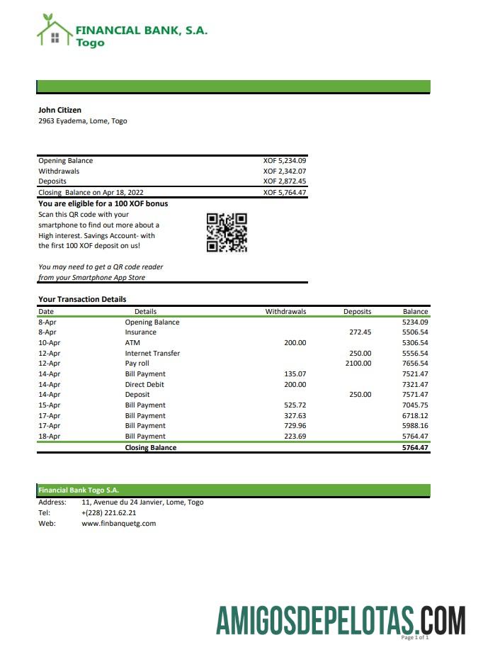 Togo Financial Bank Statement Xls amostra