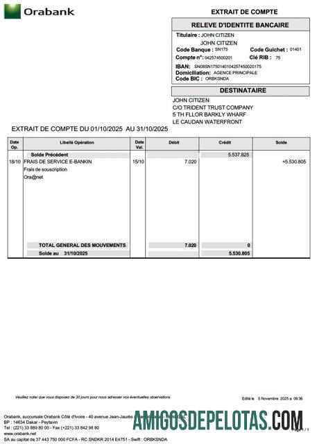 Extrato de conta do Togo Orabank para impressão, modelo Word e PDF