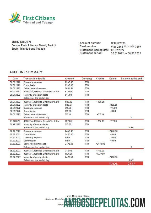 Exemplo de extrato bancário do First Citizens de Trinidad e Tobago
