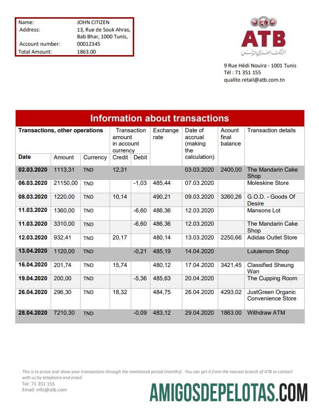 modelo de comprovante de endereço do banco ATB da Tunísia em branco em formato Word e PDF (.doc e .pdf)