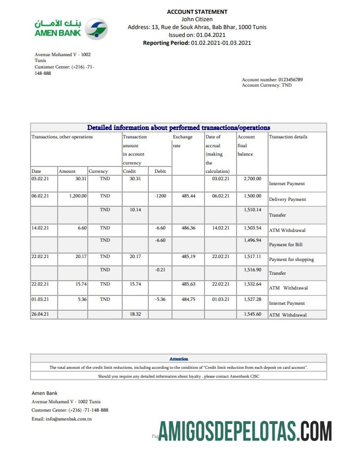 Tunisia Amen Bank Excel Pdf modelo