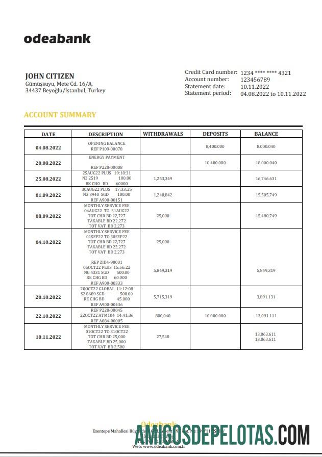 Exemplo de extrato bancário do Odeabank da Turquia