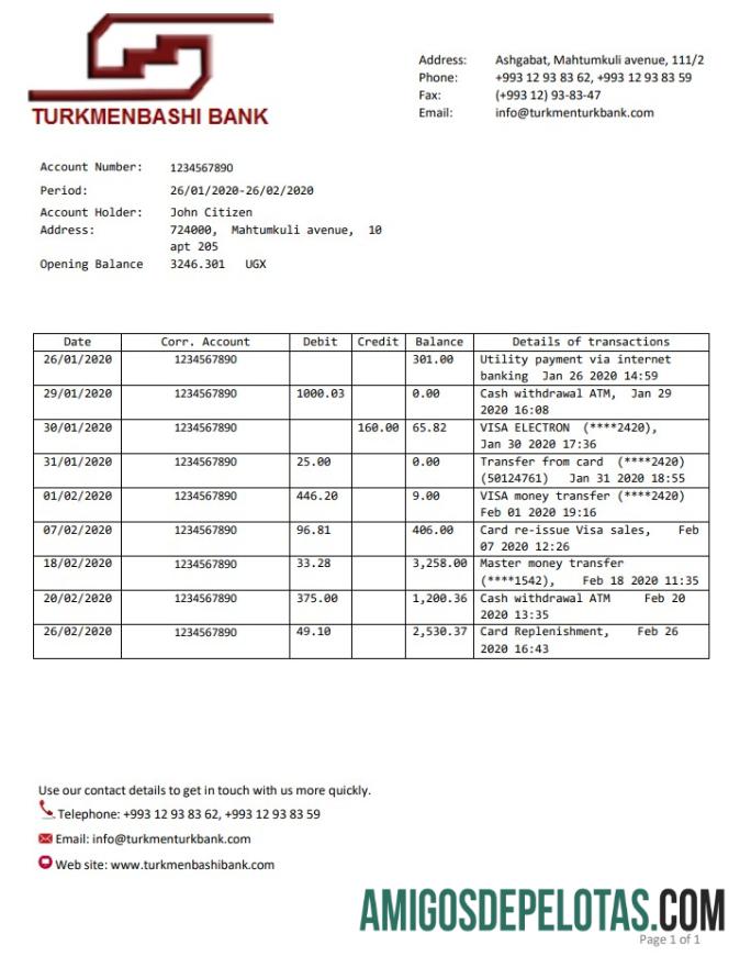 modelo de extrato bancário Turcomenistão Turkmenbashi em branco, formato Word e PDF (.doc e .pdf)