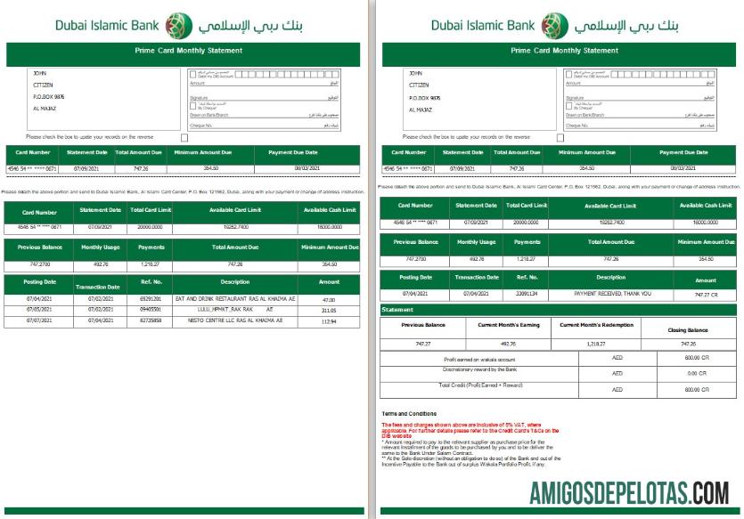 Extrato do Banco Islâmico dos Emirados Árabes Unidos Dubai modelo Word e PDF para download, 3 páginas