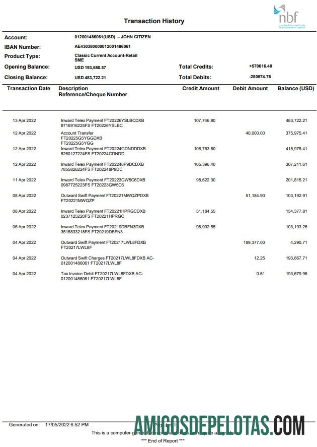 UAE Fujeirah National Bank (NFB) Statement amostra