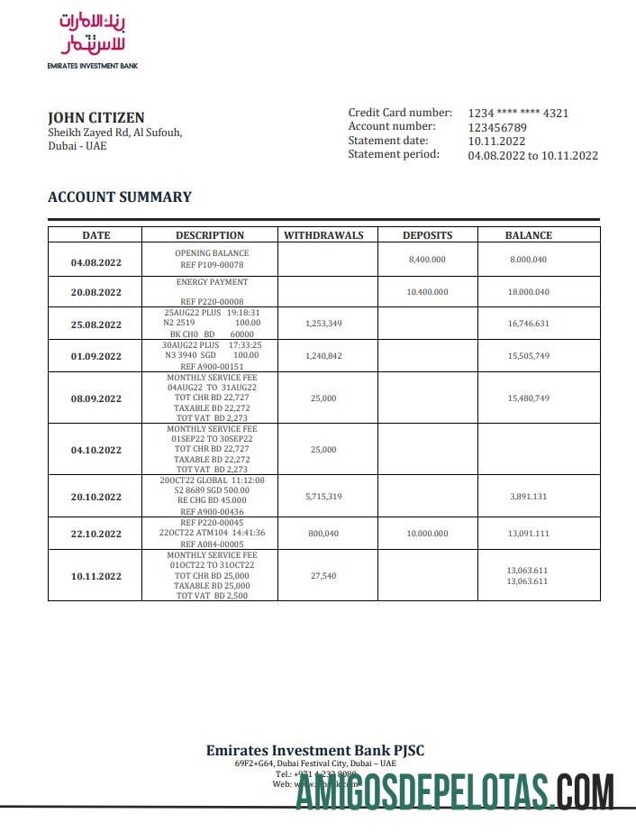 Exemplo de extrato do Banco de Investimento dos Emirados Árabes Unidos