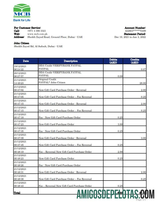 UAE MCB Bank Statement Xls amostra