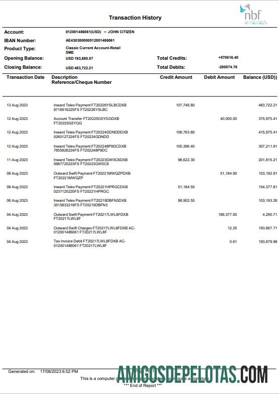 Extrato bancário NBF dos Emirados Árabes Unidos em branco modelo Word e PDF