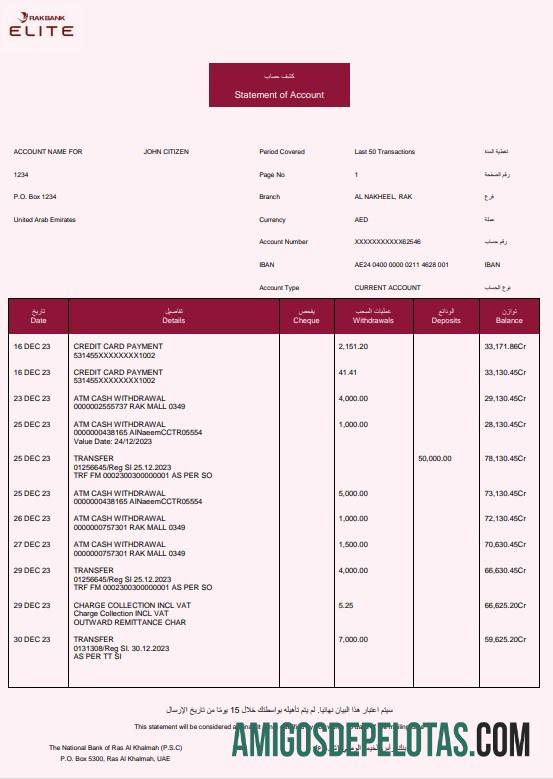 Modelo realista de extrato bancário Rakbank Elite dos Emirados Árabes Unidos em Word e PDF