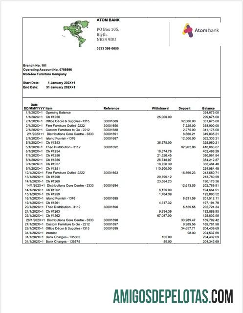 Extrato de conta bancária Atom do Reino Unido para impressão, modelo Word e PDF