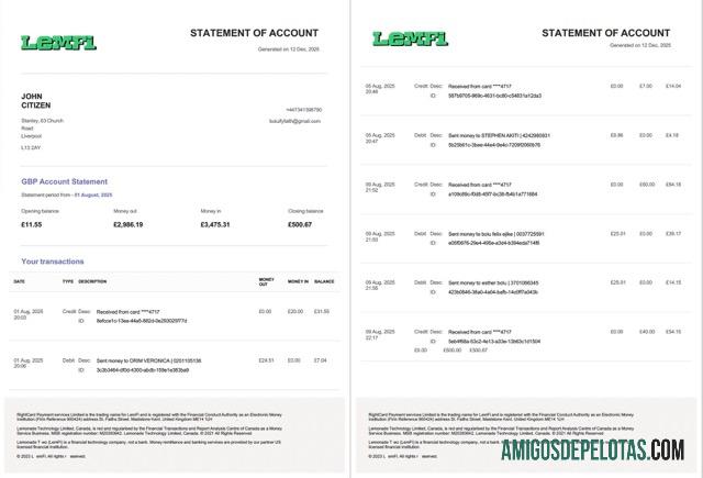 Extrato de conta Lemfi do Reino Unido para impressão, modelo Word e PDF, 2 páginas