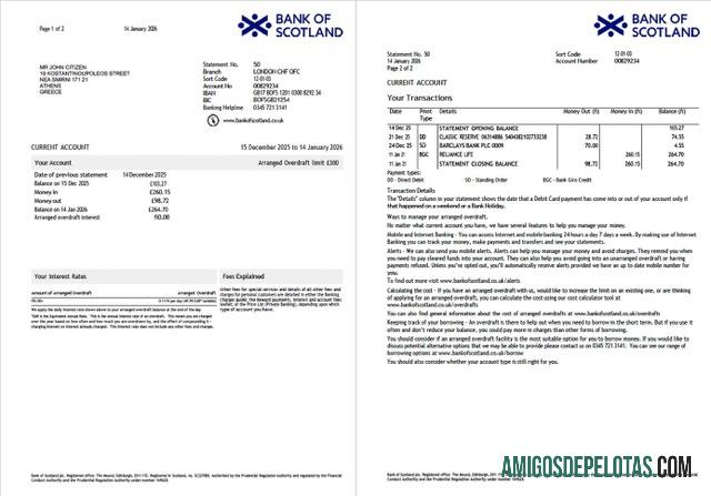 Extrato de conta em branco do Banco da Escócia no Reino Unido, modelo Word e PDF, 2 páginas