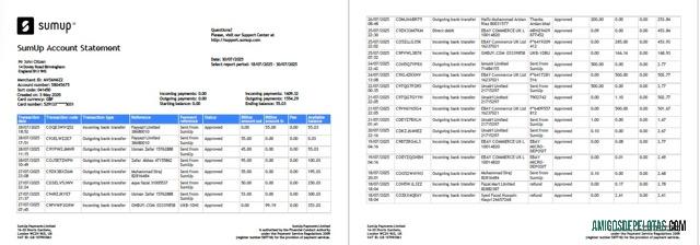 Extrato de conta SumUp do Reino Unido para impressão, modelo Word e PDF, 2 páginas