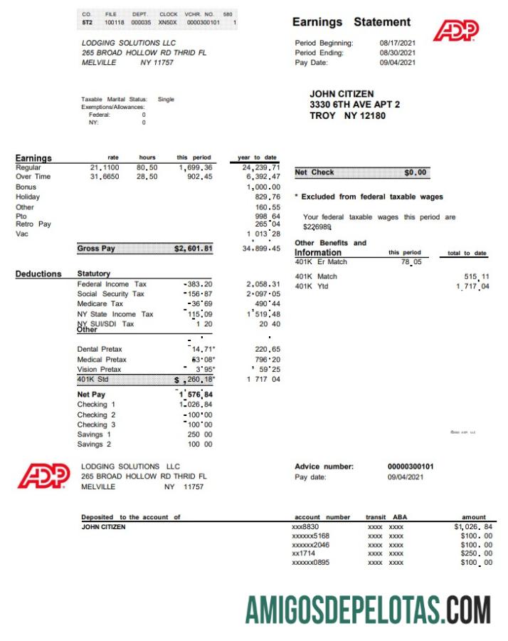 Modelo realista de declaração de lucros corporativos dos EUA ADP Business em formato Word e PDF