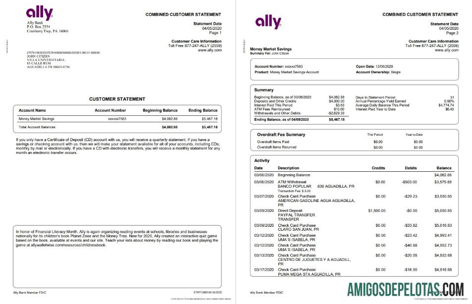 Modelo realista de extrato bancário do USA Ally em formato Word e PDF (4 páginas)
