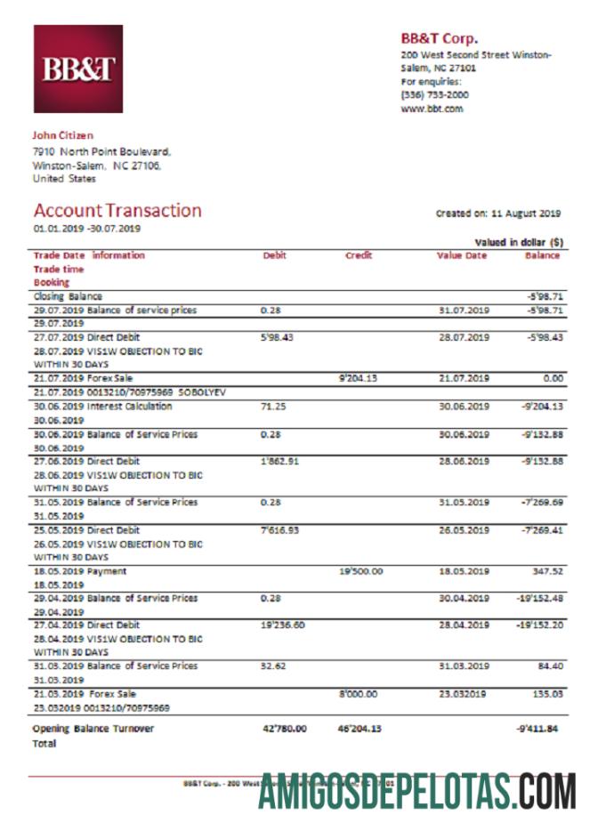 Extrato bancário da USA BB&T Corp. para download, modelo fácil de preencher em formato de arquivo .xls e .pdf