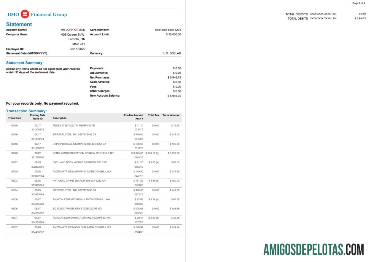 Extrato bancário BMO dos EUA para impressão, modelo Word e PDF, 4 páginas