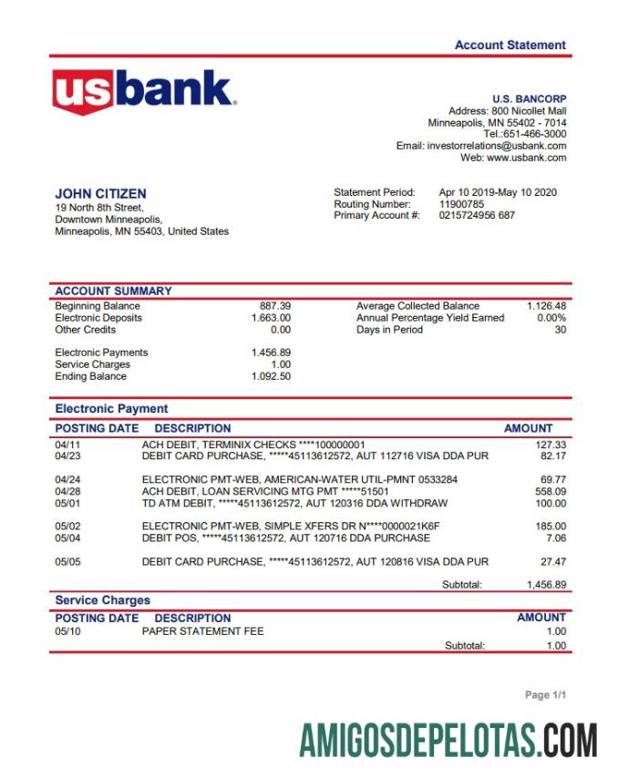 Modelo de comprovante de endereço do USA Bancorp Bank para download em formato Word e PDF
