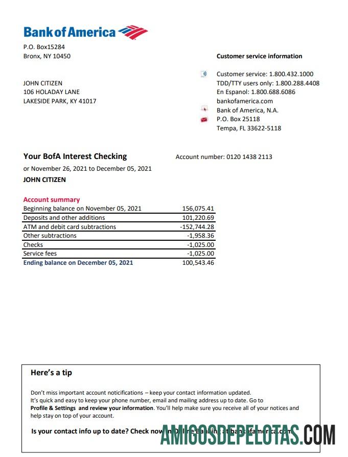 Extrato bancário do USA Bank Of America para impressão, modelo fácil de preencher em formato de arquivo .xls e .pdf