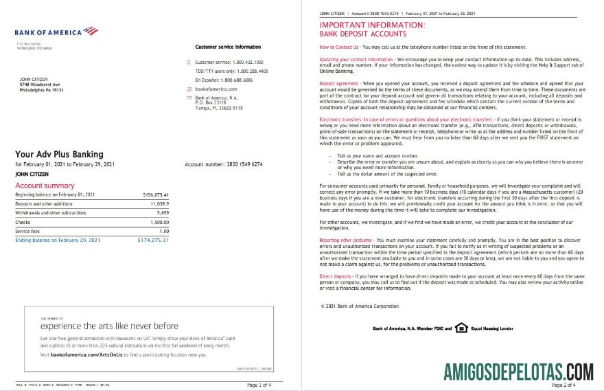 Modelo de extrato bancário imprimível do USA Bank Of America em formato Word e PDF (4 páginas), versão 3