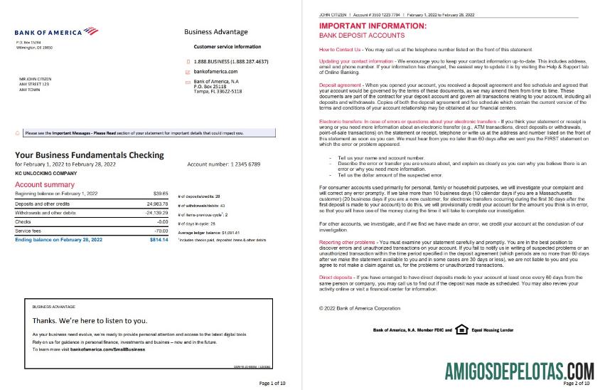 Extrato bancário realista do USA Bank Of America, modelo Word e PDF, 10 páginas