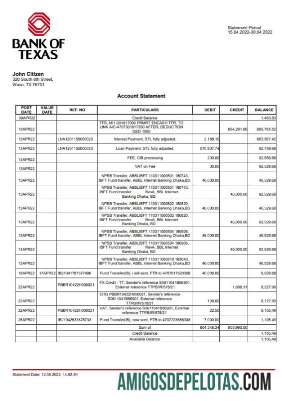 Exemplo de extrato de conta do Banco do Texas dos EUA