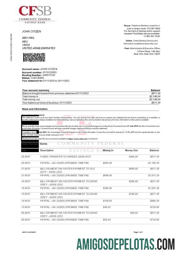 Modelo realista de extrato bancário CFSB dos EUA em Word e PDF