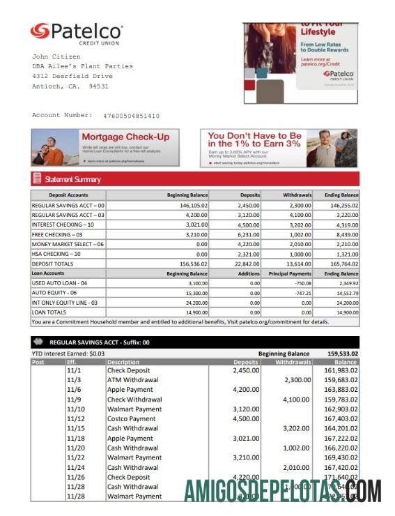 Modelo de extrato bancário em branco da USA California Patelco Credit Union em formato Excel e PDF