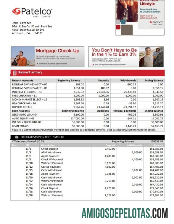 Modelo de extrato bancário imprimível dos EUA Califórnia Patelco Credit Union em formato Word e PDF