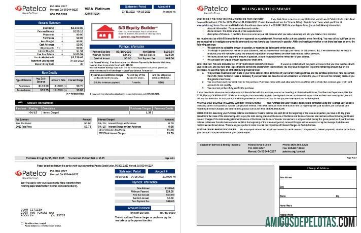 Extrato de cartão bancário Patelco dos EUA, Califórnia, 2 páginas modelo