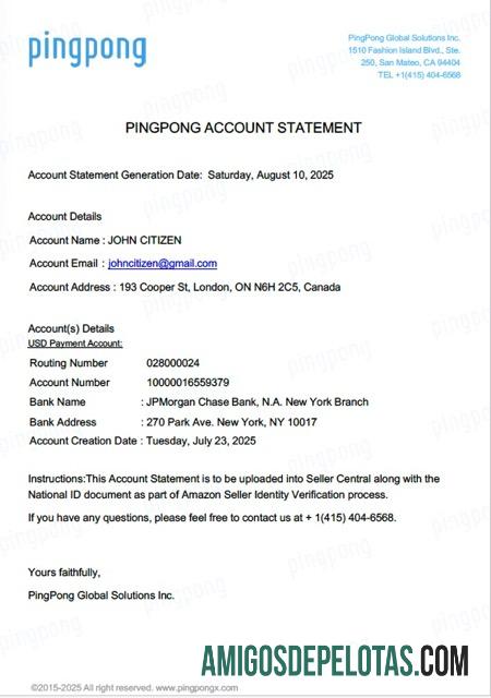 em branco EUA Califórnia PingPong Global Solutions Inc Extrato de conta modelo Word e PDF