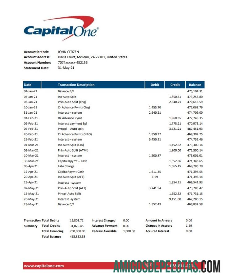 Extrato bancário USA Capital One em branco, modelo fácil de preencher em formato Excel e PDF