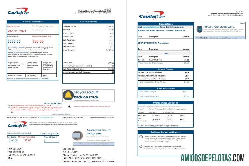 Modelo de extrato bancário USA Capital One para download em formato Excel e PDF (2 páginas) Versão 3