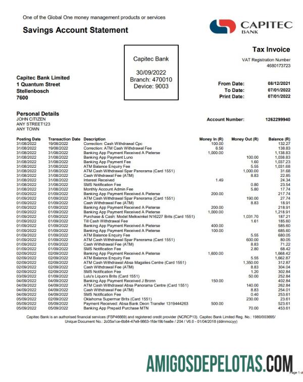 Exemplo de extrato bancário Capitec dos EUA