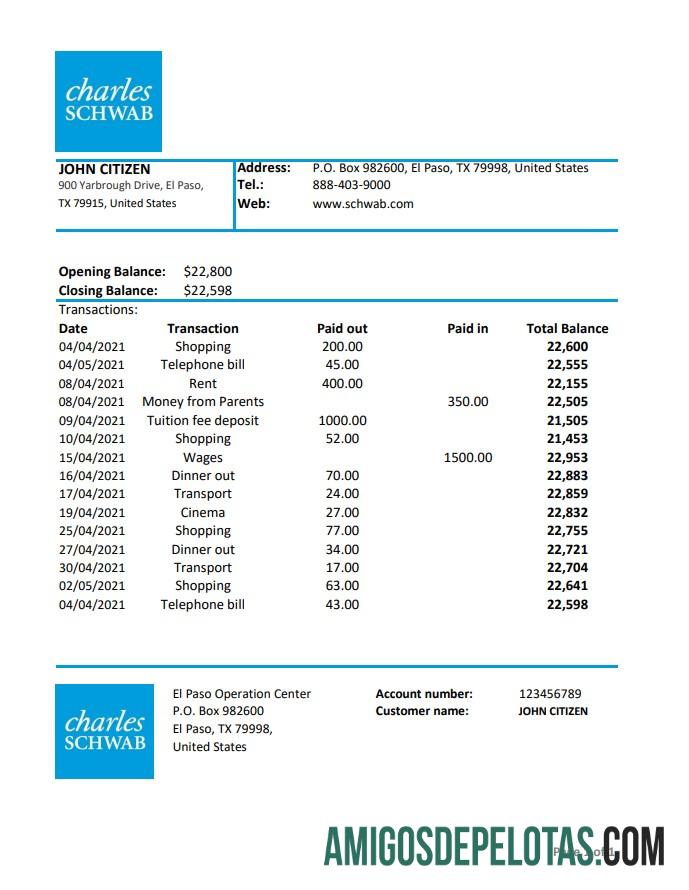 USA Charles Schwab & Co Excel Pdf amostra