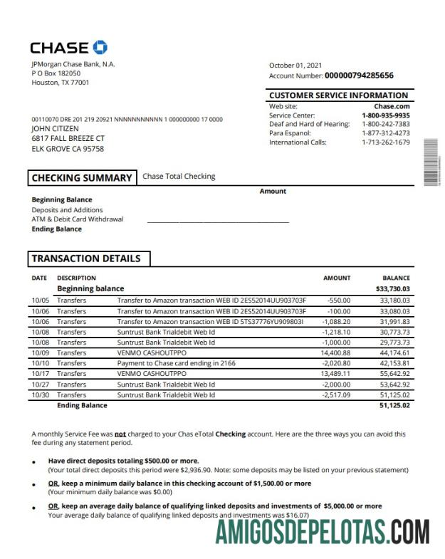 Modelo de extrato de conta Chase dos EUA