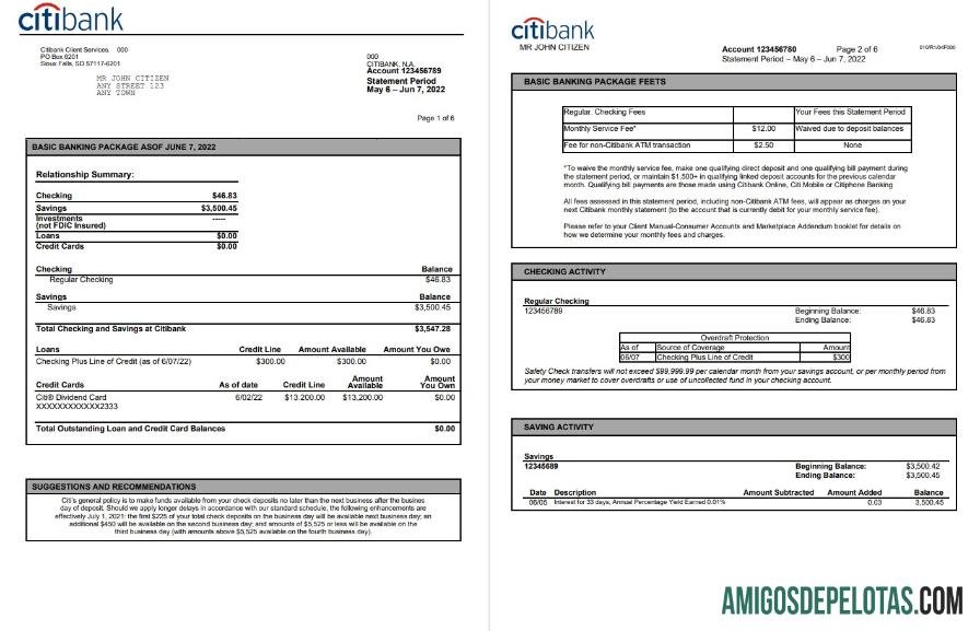 Extrato bancário realista do Citibank dos EUA, modelo Word e PDF, 6 páginas