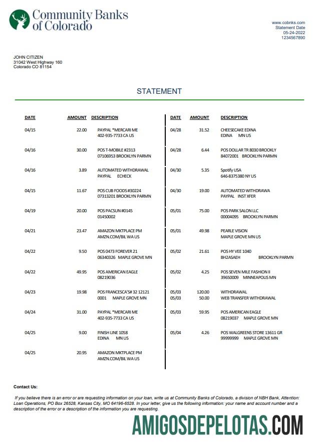 Exemplo de declaração dos bancos comunitários dos EUA do Colorado