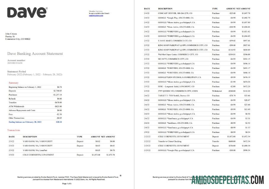 Exemplo de extrato de conta bancária Dave dos EUA, 5 páginas