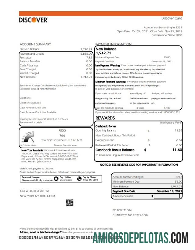 Modelo de extrato bancário Discover Bank para impressão nos EUA em formato Excel e PDF (arquivo .xls e .pdf)
