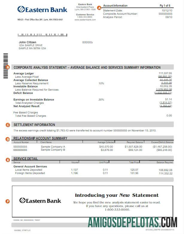 Extrato do Banco Oriental dos EUA em branco Word e PDF modelo W