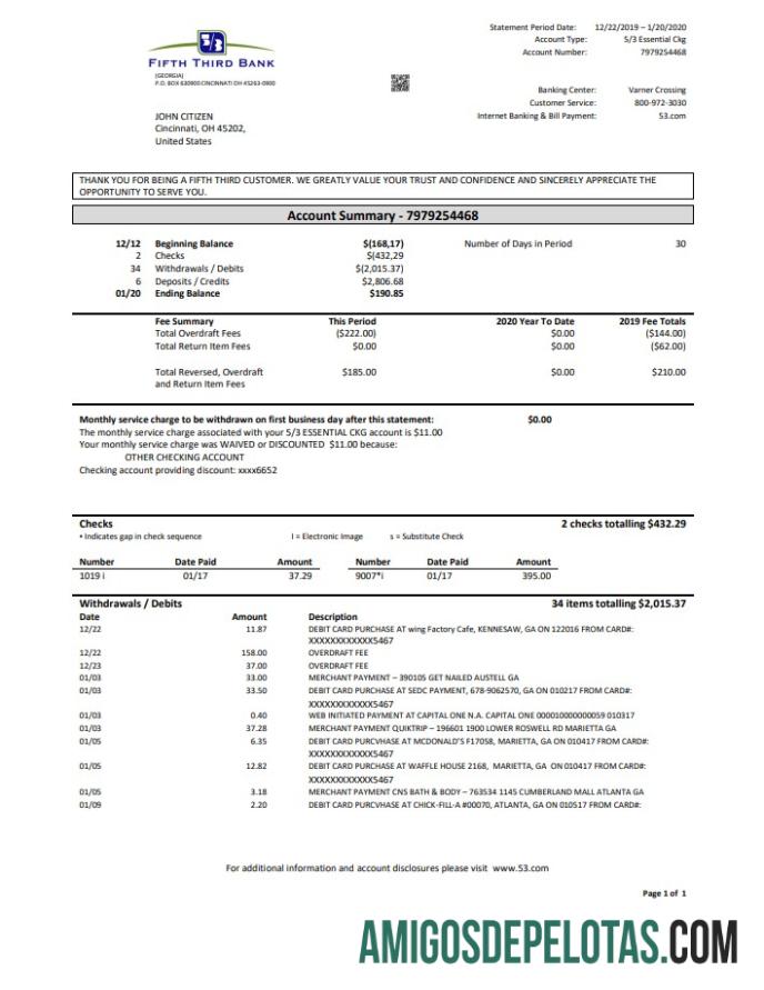 Extrato bancário do quinto terceiro banco dos EUA em formato Word e PDF (.doc e .pdf), adequado para endereço Provar amostra