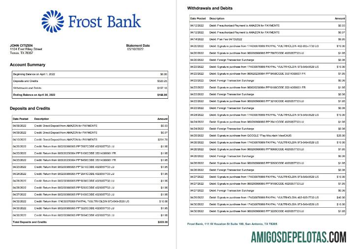USA Frost Bank Statement, 2 Pages modelo
