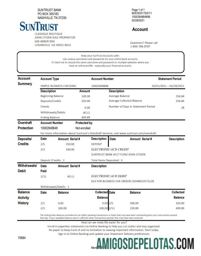 Modelo realista de extrato bancário Georgia SunTrust dos EUA em formato Excel e PDF